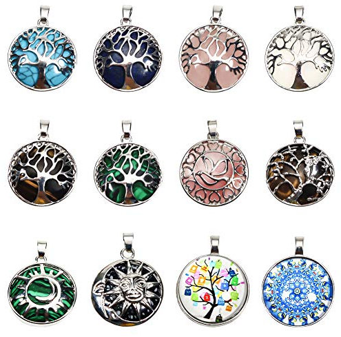 TOAOB 12pcs 27mm Rond Pendentif Arbre de Vie avec D'alliages et Pierres Precieuse Naturelles Cristal de Guérison pour Les Découvertes de Bijoux