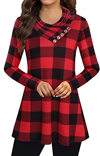 Gaharu Long Sleeves Tops for Women, Cotton Pullover Checked Shirts Button Cowl Neck Knit Blouses Fashion Geometrical Sweaters Lightweight Sweashirts(Small,Red Plaid)