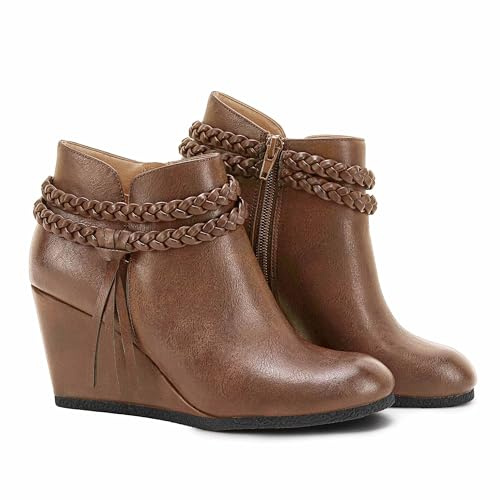 Fashare Womens Wedge Ankle Boots Braided Fringe Strap Western Heeled Fall Booties Dress Shoes