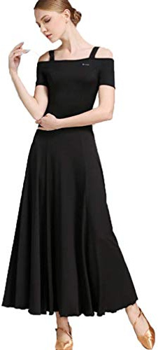 Tzdd Abiti da Ballo Standard Nazionali Donne con Manica Corta Valzer Tango Vestiti da Ballo Standard Foxtrot Body Traspirante Performance Vestito,Nero,L