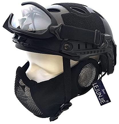 PJ Type Tactical Airsoft Fast Helmet and Foldable Half Face Mesh Guard with Ear Protection Adjustable Chin Strap Full Face Protection Set for Paintball BB Gun