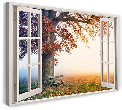 Print on Canvas (100x70 cm) view from the window - bench under the tree autumn fog leaves nature - nature photography, real wood frame with hook