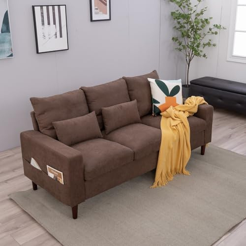 Panana 3 Seater Sofa Linen Fabric Sofa Settee Couch Lounge Sofa Living Room Furniture Wood Legs, Brown 3 Seater