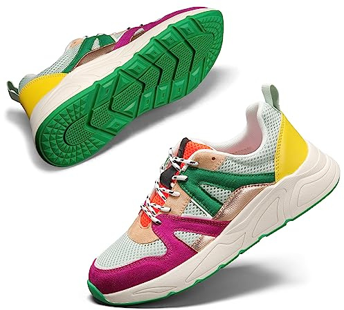 LUCKY STEP Fritidssneakers för kvinnor, platå – klassisk promenadtennis, resor, sneakers, färgglada chunky sneakers, Fuchsia grön, 36 EU
