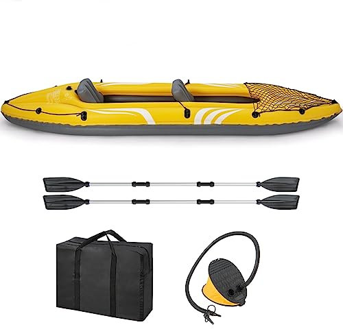 GYMAX Aufblasbares Kajak für 2 Personen, Kajak-Set mit Paddel, Fußpumpe, Tragetasche, Schlauchboot bis zu 160kg belastbar, Paddelboot Kanu Ruderboot 357 x 80 x 38 cm