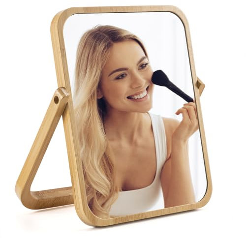 Bamboo Vanity Mirror HD Desk Makeup Mirror - 360° Rotating True Standing Portable Folding Travel Mirror for Shaving Dressing Table Desk