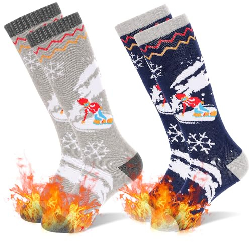GRPSKCOS Kids Ski Socks, 2 Pairs Warm Thick Thermal Snowboard Skating Socks for Boys Toddler 3-12 Years(Navy + grey- 2 Pairs, 3-6 Years)