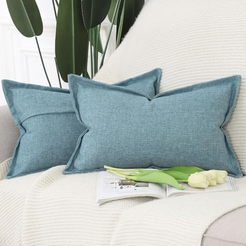 Madizz 2er Set Polyester Leinen Kissenbezügen mit breiter Kante Weiche dekorative Kissenbezüge für Sofa Schlafzimmer Kissenhülle Blau 40x60 cm Rechteckig