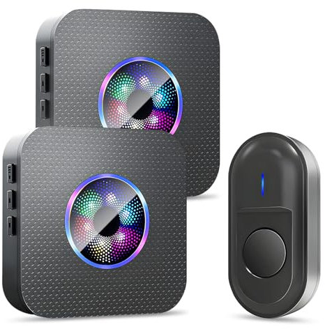 Sonnette sans Fil Exterieur Etanche, IP55 Etanche Carillon 300 Mètres, 55 Mélodies et 5 Niveaux Volume, Kit d'un Récepteur et d'un Emetteur pour Maison, au Salon, au Bureau