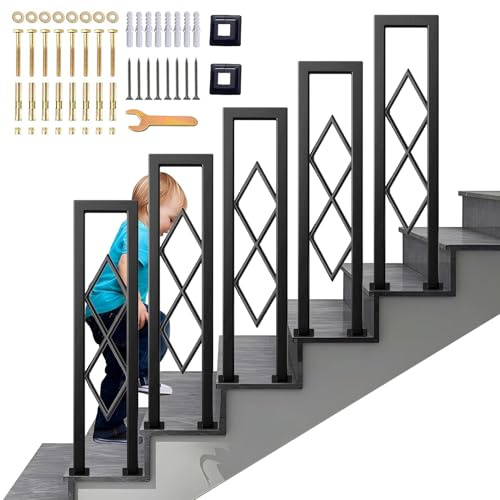 SCGSJZH Barandilla Escalera en Forma de U con Patrón de Diamantes, Negro Pasamanos Interior Seguridad, Metal Baranda para Balcon Loft Pasillo, Entrada Pasos, Exterior Jardín (85cm)
