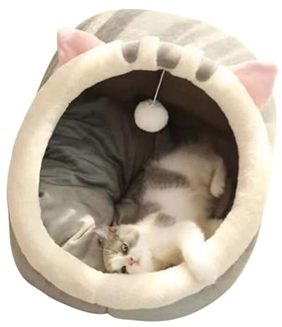 Lit pour Chat D'intérieur - Tapis de Grotte Lavable avec Jouet Suspendu et Coussin Amovible Rembourré - Panier Semi-fermé