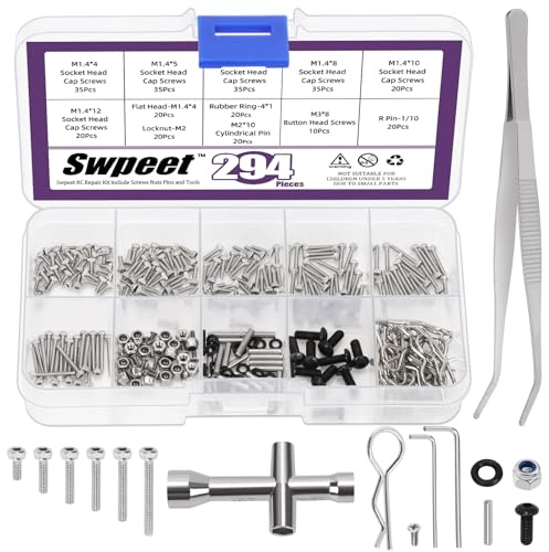 Swpeet 294Pcs Kit Universal de Tornillos RC, Kit de Herramientas de Tornillos, Tuercas y Accesorios de Reparación de Acero Inoxidable 304, Herramientas de Fijación Compatibles con la mayoría de los