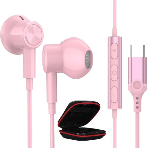Écouteurs USB C pour Samsung S25/A16/A17/A56/A36/A55/A35/S24/S23 HiFi Stéréo Magnétique Ecouteur USB Type C Ecouteur Filaire Casque avec Micro pour iPhone 16e 16 15 pour Pixel 9a/8a/7a Mi 14T 15 Rose