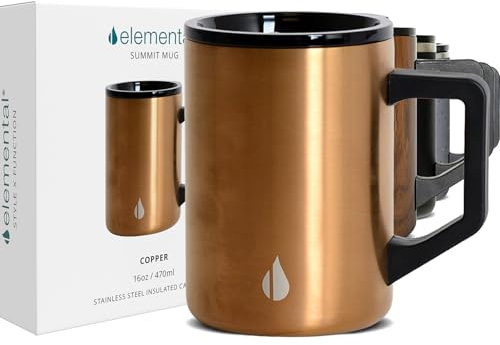 Elemental Insulated Coffee Mug - Triple-Wall Stainless Steel Summit Travel Cup for Hot and Cold Drinks - Thermal Coffee Mug with Lid and Handle for Camping, Office & Travel 470ml - Copper