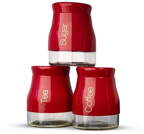 ATEK Kitchen Storage Canister Set of 3 - Tea, Coffee, Sugar Container With Screw Lid for Multipurpose Food Storage in Red