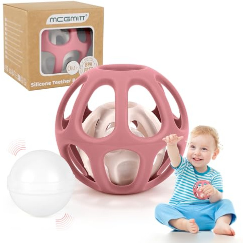 MCGMITT Giochi Sonaglio Dentizione Del Neonato - Palla Sensoriale in Silicone con Sonaglio Montessori Gioco Educativo per Bambini 0-3-6-9-12 Mesi Palla da Afferrare Senza BPA, Regalo per Neonati, Rosa
