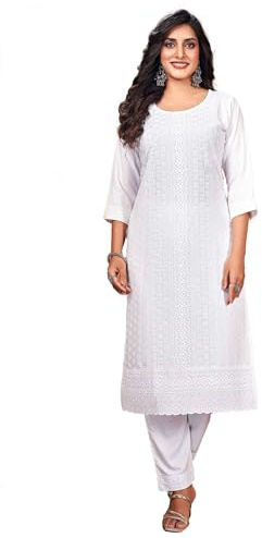 Ladyline Women’s 2 Piece Rayon Tunic Kurta & Pants Co-Ord Set | Lucknowi Chikankari Style Schiffli Embroidery with Sequins |Indian Kurti Set (REKP NLLKP) (38/ White-2)