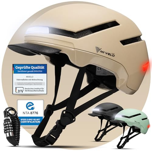 MIVELO Fahrradhelm Damen Herren Erwachsene mit Licht inkl. Helmschloss, NTA Zertifiziert bis 45km/h, Helm geeignet für E-Bike & S-Pedelec, Radhelm Ultraleicht & sicher, Unisex (Beige, M (54-58cm))