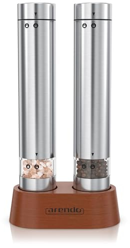 Arendo - Salz und Pfeffermühle elektrisch - Gewürzmühlen Set – Edelstahl - Glasbehälter mit Holzständer – für Gewürze, Pfeffer, Salz, getrocknete Kräuter – Spice Grinder - silber