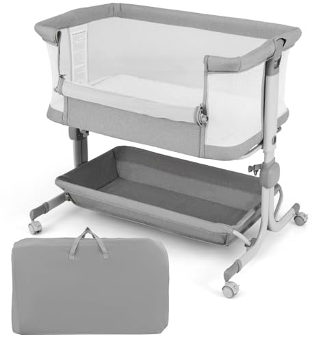 GYMAX Baby Bedside Crib, Foldable Toddler Side Cot with Mattress, Lockable Wheels, Storage Shelf and Carry Bag, 6-Level Heights Adjustable Infant Bassinet for Newborns (Grey)