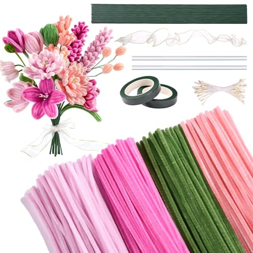 Kesote Piprensare 200 x piprensare för pyssel blommor set 4 färger piprensare med blomtråd gör-det-själv blombukett rosa tulpaner pyssel jul present dekoration blomma