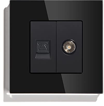 BSEED TV+TL Crystal Panel Single TV Aerial Coaxial Wall Socket and Single TL Charging Power Outlet Black