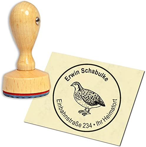 Stempel Adressstempel Holzstempel - Wachtel - rund ∅ 40mm personalisiert als Firmenstempel Namensstempel Bürostempel