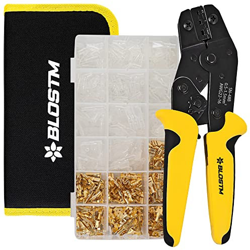 BLOSTM 600 Piece Crimping Tool Set - Adjustable Ratchet Wire Crimping Tool with Comfort Grip Handle, 300 Terminal Connectors (Male/Female) & 300 Transparent Cable Sleeves (AWG 22-16 0.5-1.5mm²)
