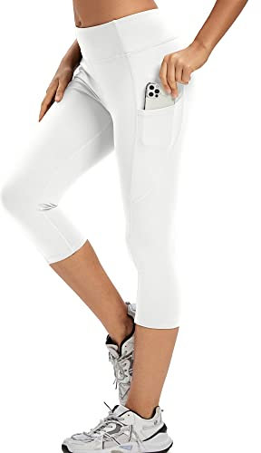 adorence Leggings Damen 3/4, Capri Leggings Damen mit Tasche, Sporthose Damen 3/4 (Yogahose, High Waist, Blickdichte)-Weiß,L