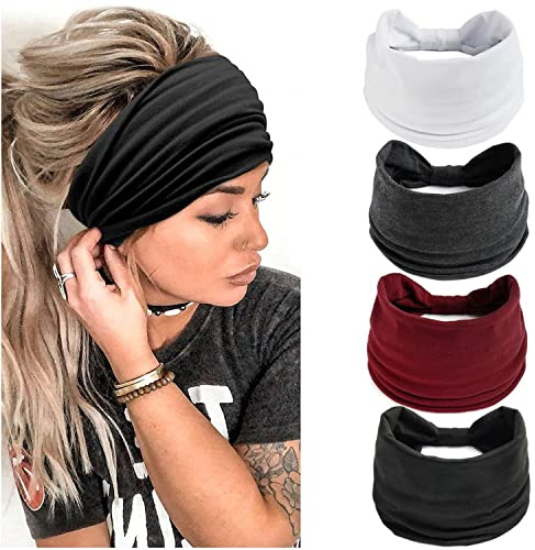 4 Pcs Wide Headbands for Women,Fashion Head Bands Non Slip Elastic Hair Bands Knoted Turban,Sport Sweat Headband for Yoga Running Gym (color-1)