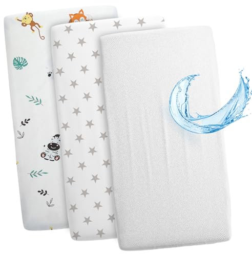 Spannbettlaken Kinderwagen Baby Spannbetttücher 3er Set: 50x83 cm - 2X Bettlaken + 1x wasserdichter Matratzenschoner - Babybett Zubehör für Kinderbett Beistellbett Stubenwagen 50 x 83