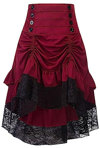 SEAUR Dam viktoriansk kjol renässans medeltida maxikjol med volanger hög midja A-linje lång kjol steampunk vintage karneval festlig cosplay kostym, A# röd, XL