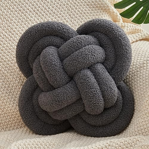 Xiashrk Knot Pillow Ball, 12 Soft Decorative Throw Pillows for Couch Bed, Dark Gray Knotted Plush Throw Pillow Handmade Square Cushion Home Couch Decor Pillows for Living Room