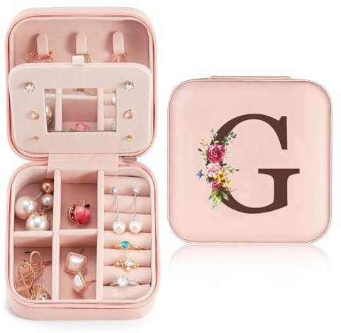 Portagioie da viaggio, piccolo con iniziale G e fiore, in pelle PU, mini portagioie per donne e ragazze, regalo per compleanno, Natale, festa della mamma