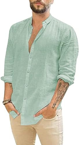 Camisa de Lino Camisa de Lino de Manga Larga para Hombre Camisa Casual Ajuste Negocios Casual Vacaciones Verde M