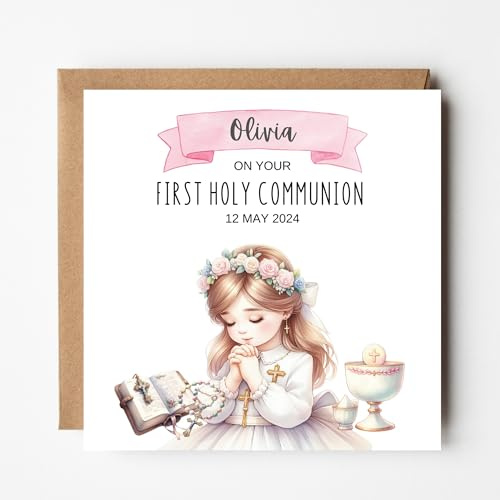 First Holy Communion Card, Personalised 1st Holy Communion Card for Girls, Customise with Name and Date for a special Communion Gift to Celebrate a Religous Milestone Girl #3