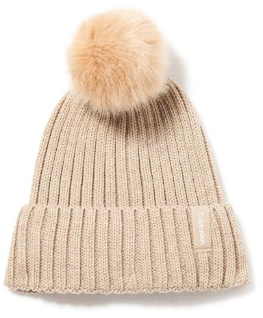 Calvin Klein Damen Faux Fur Pom Knit Cold Weather Super Soft Hat Beanie-Mütze, Melierte Mandel, Einheitsgröße