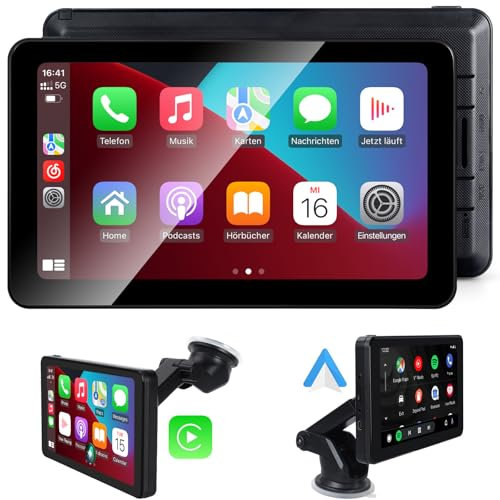 Aonerex Tragbare CarPlay Display, Wireless Android Auto Monitor, 7 Zoll IPS Bildschirm mit Bluetooth-Freisprecheinrichtung, Siri, Sprachassistent, GPS Navigation, MirrorLink, FM