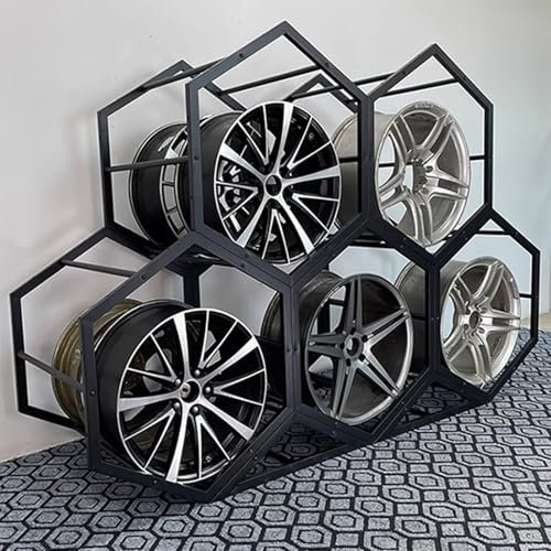 Estantería para Neumáticos Expositor de Llantas Hexagonales de 5 Pulgadas, Soporte para Cubo de Rueda con Marco Negro para Talleres de Reparación y Exposiciones, Estantes para Almacenar Llantas de Veh