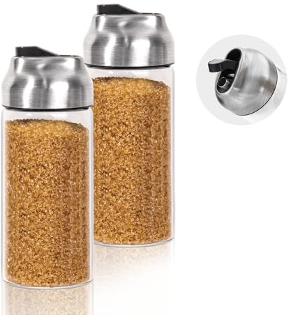 Large Sugar Dispenser Shaker Sets, 14 OZ Glass Sugar Container with Pour Spout for Coffee, Tea, Milk, 2 Pack