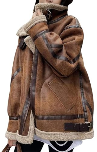 Veste de moto en faux daim surdimensionnée pour femme veste en cuir doublée de polaire sherpa aviateur manteau de fourrure en peau de mouton retournée pardessus (Marron,TG)