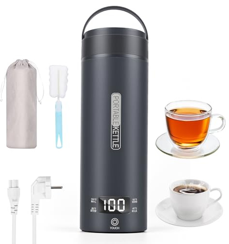 Bollitore elettrico portatile da viaggio, 450 ml, bollitore da viaggio per tè e caffè, spegnimento automatico e protezione a secco con acciaio inossidabile 316, 4 regolatori di temperatura (Grigio)