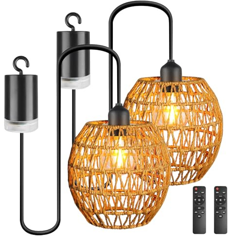 Lampe Suspendue à Piles Avec Télécommande: 2 Pièces Luminaire Suspendu Bohème En Rotin, Vintage Jour Tissé Rétro Lustres Pour Patio, Jardin, Salon, Chambre à Coucher