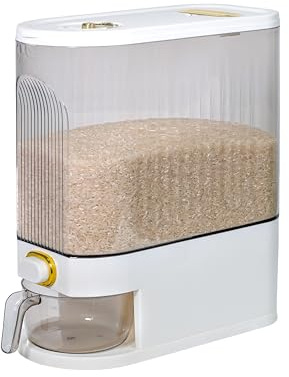 BERGFBV Rice Storage Container 10kg, Clear Food Grain Dispenser with Date Dial & Measuring Cup, Space-Saving Organizer for Rice, Cereal, Pet Food, Pasta