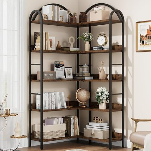 Estantería Esquinera con Diseño de Arco, 5 Niveles Armario Esquinero en Forma de L, Mueble Esquinero con Rejilla Protectora, Adecuado para Sala de Estar, Dormitorio y Cocina, 78x78x174cm