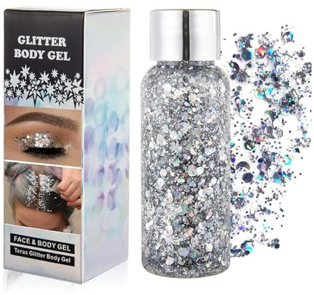 GL-Turelifes Chunky Face Body Glitter Gel Festival Mermaid Hair Sequins Cosmetics Sparkling Nails Glitter Makeup Long Lasting 30g (#01 Silver)