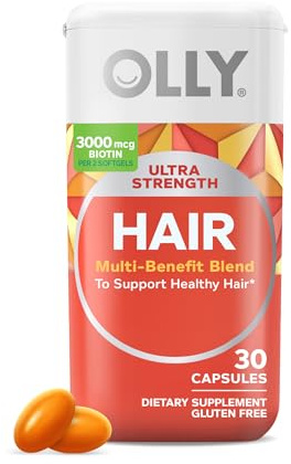 OLLY Ultra Strength Hair Softgels, Supports Hair Health, Biotin, Keratin, Vitamin D, B12, Hair Supplement, 30 Day Supply - 30 Count (Packaging May Vary)