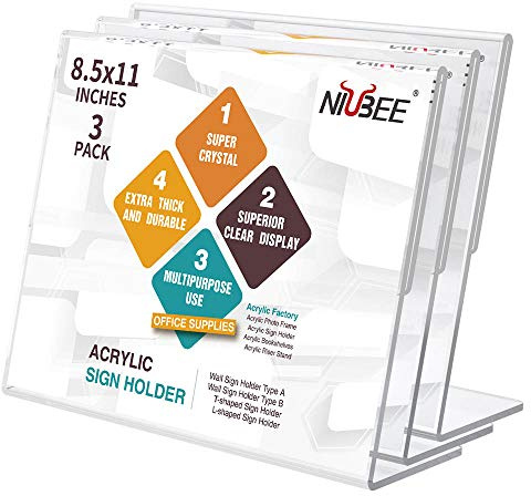 NIUBEE Acrylic Sign Holder 8.5x11 Inches 3 Pack Landscape, Slant Back Clear Paper Frames, Plastic Flyer Display Holder, Document Menu Table Stand for Office, Store, Restaurant -Horizontal