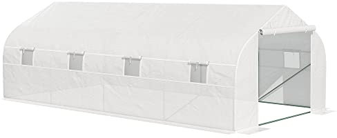 Outsunny Serre Tunnel de Jardin 18 m² dim. 5,95L x 3l x 2H m Porte + 8 fenêtres enroulables Acier galvanisé bâche PE Haute densité Blanc