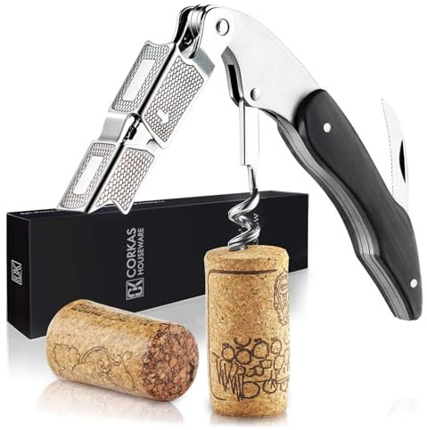 CORKAS Sacacorchos de Camarero, Abrebotellas, Sacacorchos Profesional, Foil Cortador, Sacacorchos Vino de Acero Inoxidable y con Cuchilla Cortacapsulas, Utensilios de Bar y Cocina